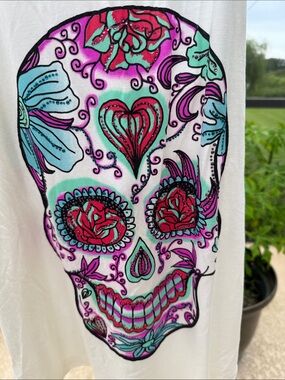 Bear Dance White Muscle Tee with Colorful Sugar Skull Graphic